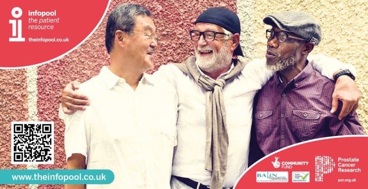 Information graphic from Prostate Cancer Research. The patient resource: theinfopool.co.uk. Photo of an Asian man, white man, and black man talking and laughing together.