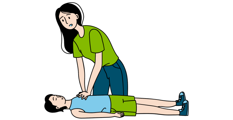 Cartoon-style graphic of a person performing CPR on another individual