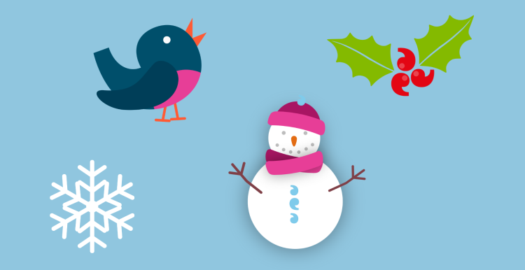 Icons of a white snowflake, a blue bird, a snowman, and holly with red berries on a light blue background