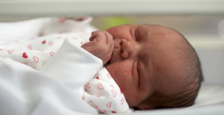 A newborn baby in a cot on a maternity ward.