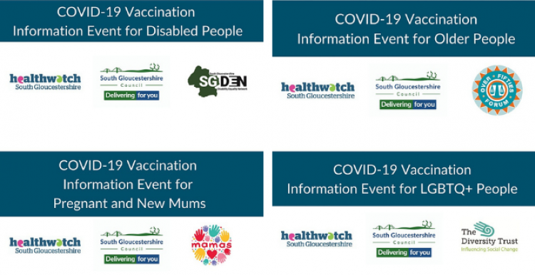 Four individual blue and white banners advertising the COVID-19 information events. The first one is for disabled people, the second is for older people, the third is for pregnant and new mums, and the fourth is for LGBTQ+ people.