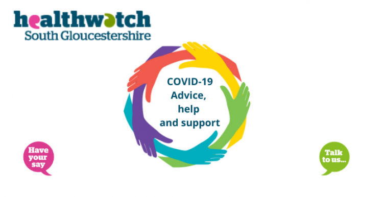 Healthwatch South Gloucestershire logo and a circle of multicoloured hands. The text reads COVID-19 Advice, help and support 