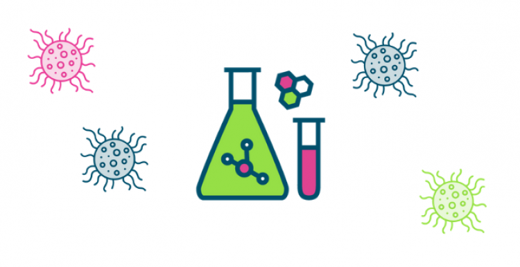 Image of a test tube surrounded by COVID icons Image of a test tube surrounded by COVID icons