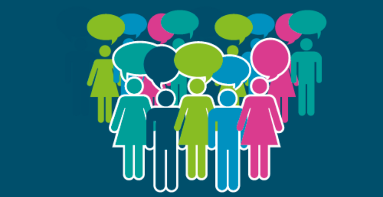 People surrounded by speech bubbles People surrounded by speech bubbles