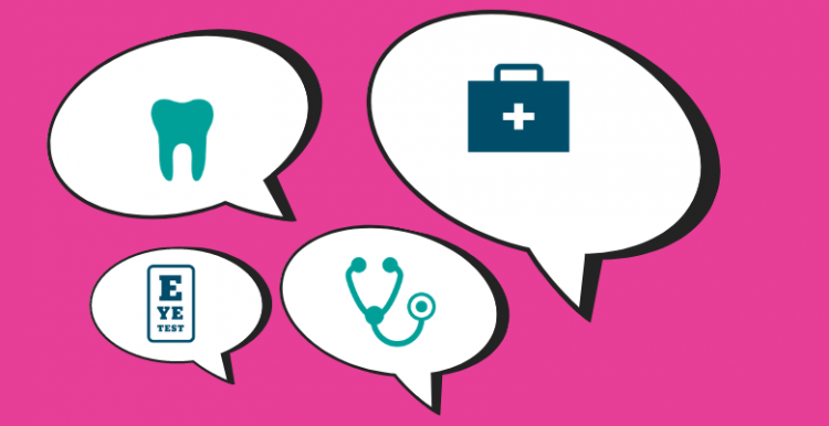 Speech bubbles with health related icons inside on a bright pink background,