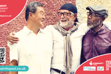 Information graphic from Prostate Cancer Research. The patient resource: theinfopool.co.uk. Photo of an Asian man, white man, and black man talking and laughing together.