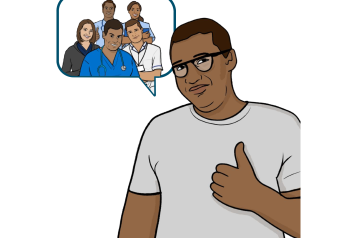 Graphic of a person and a speech bubble. Inside the speech bubble are graphics of different medical professionals.