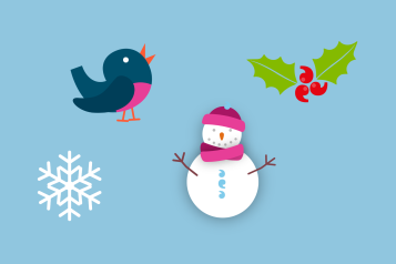 Icons of a white snowflake, a blue bird, a snowman, and holly with red berries on a light blue background