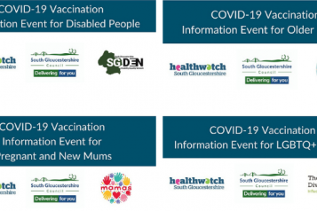 Four individual blue and white banners advertising the COVID-19 information events. The first one is for disabled people, the second is for older people, the third is for pregnant and new mums, and the fourth is for LGBTQ+ people.