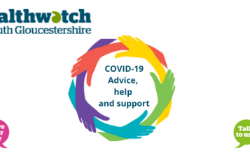 Healthwatch South Gloucestershire logo and a circle of multicoloured hands. The text reads COVID-19 Advice, help and support 