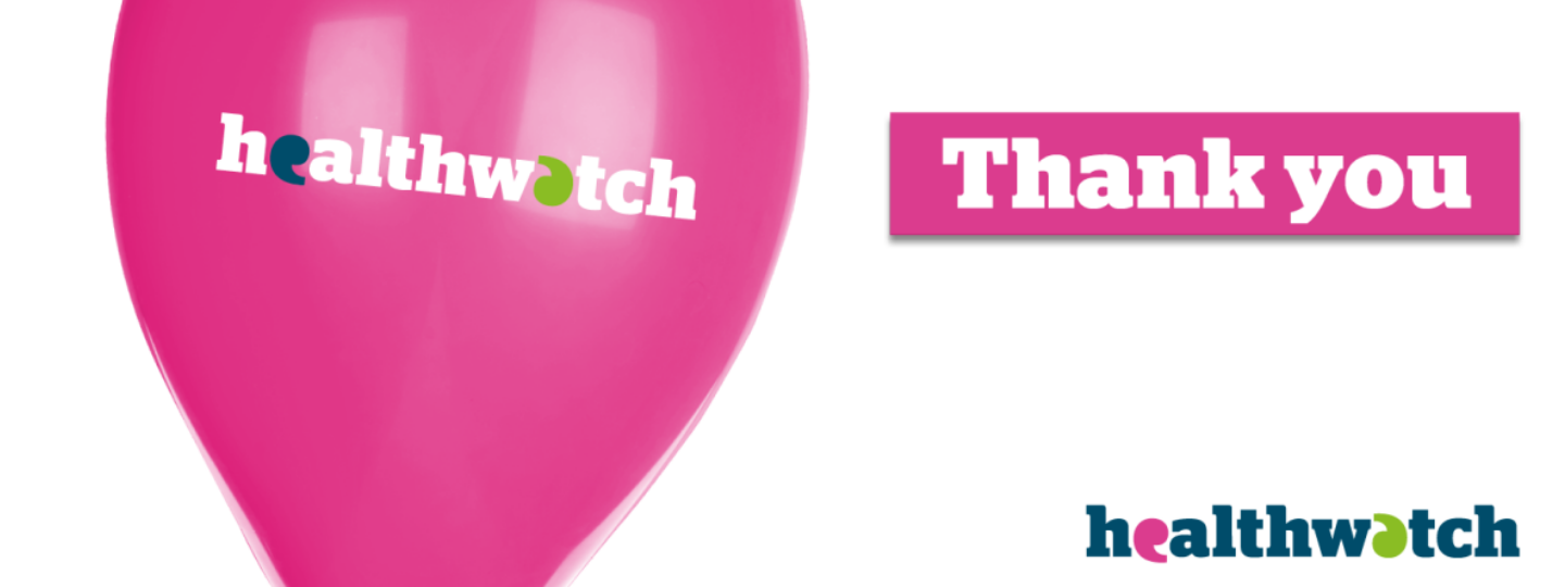 A pink balloon with the Healthwatch logo and the text: 'thank you'