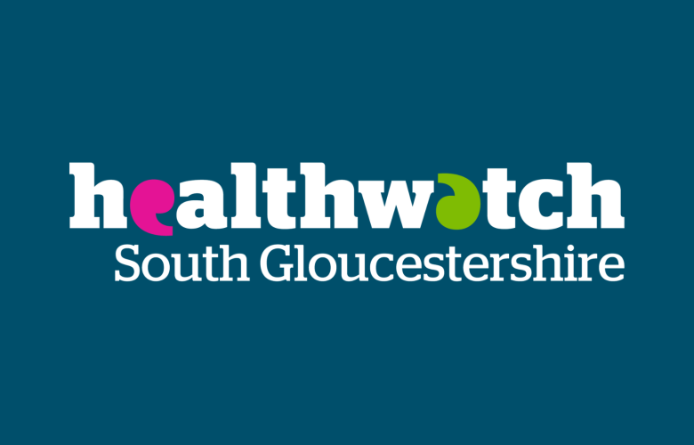 White Healthwatch South Gloucestershire logo on a dark blue background.