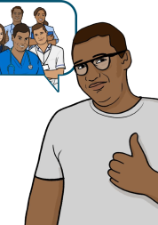 Graphic of a person and a speech bubble. Inside the speech bubble are graphics of different medical professionals.